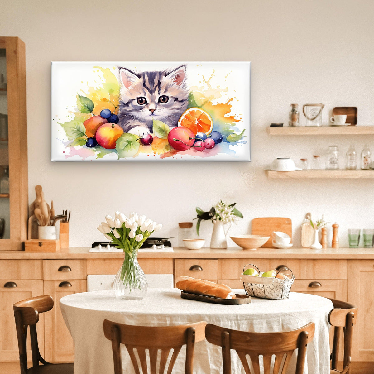 Cute Watercolor Kitten Fruit Wall Art Canvas Office Home Room Framed 120x60cm
