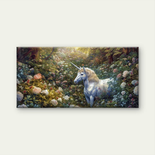 Fantasy Floral Forest White Unicorn Hydrangea Garden Wall Art Canvas Office Home Framed 80x45cm