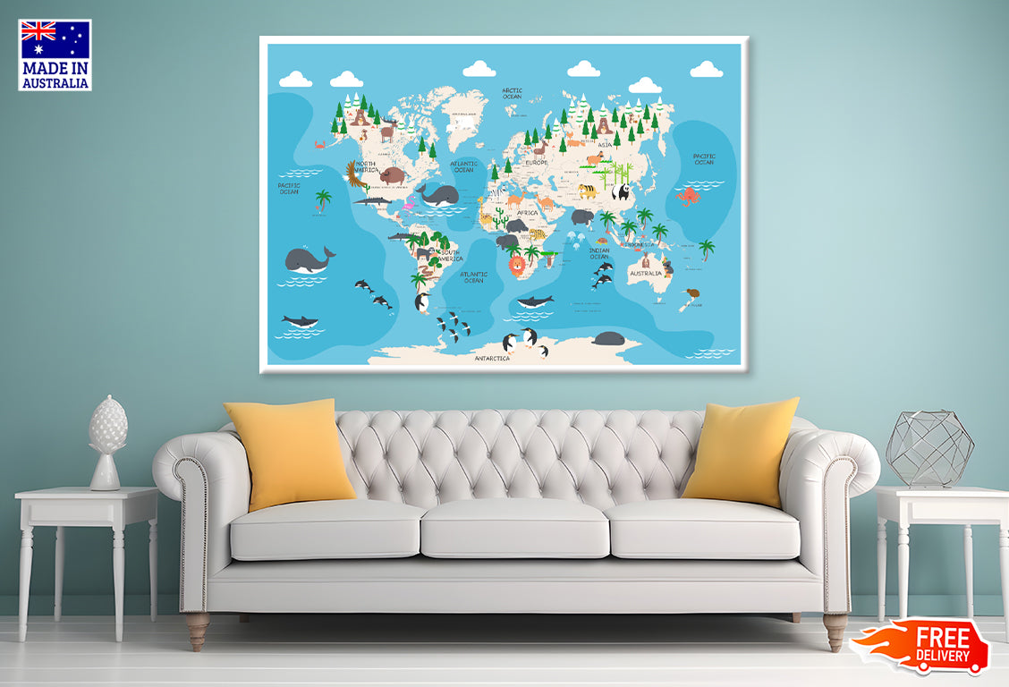 World Map With Cartoon Animals Print 100% Australian Made Stretched Canvas Ready to Hang - NK-135