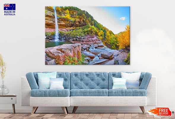 Waterfall over Cliffs & Fall Foliage Print 100% Australian Made Stretched Canvas Ready to Hang - NT-135