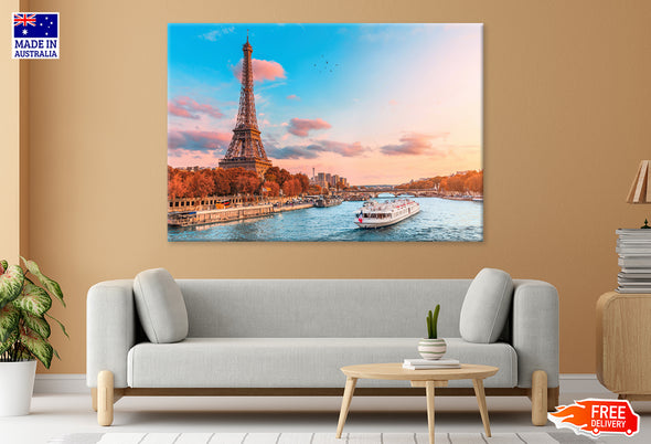 Eiffel Tower & Ferry Sailing on River View Print 100% Australian Made Stretched Canvas Ready to Hang - CT-136