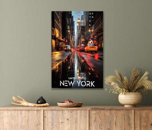 Neon Lights Flicker on The Wet City Street, A Taxi Cab Print 100% Australian Made 40x60cm Stretched Canvas Ready to Hang