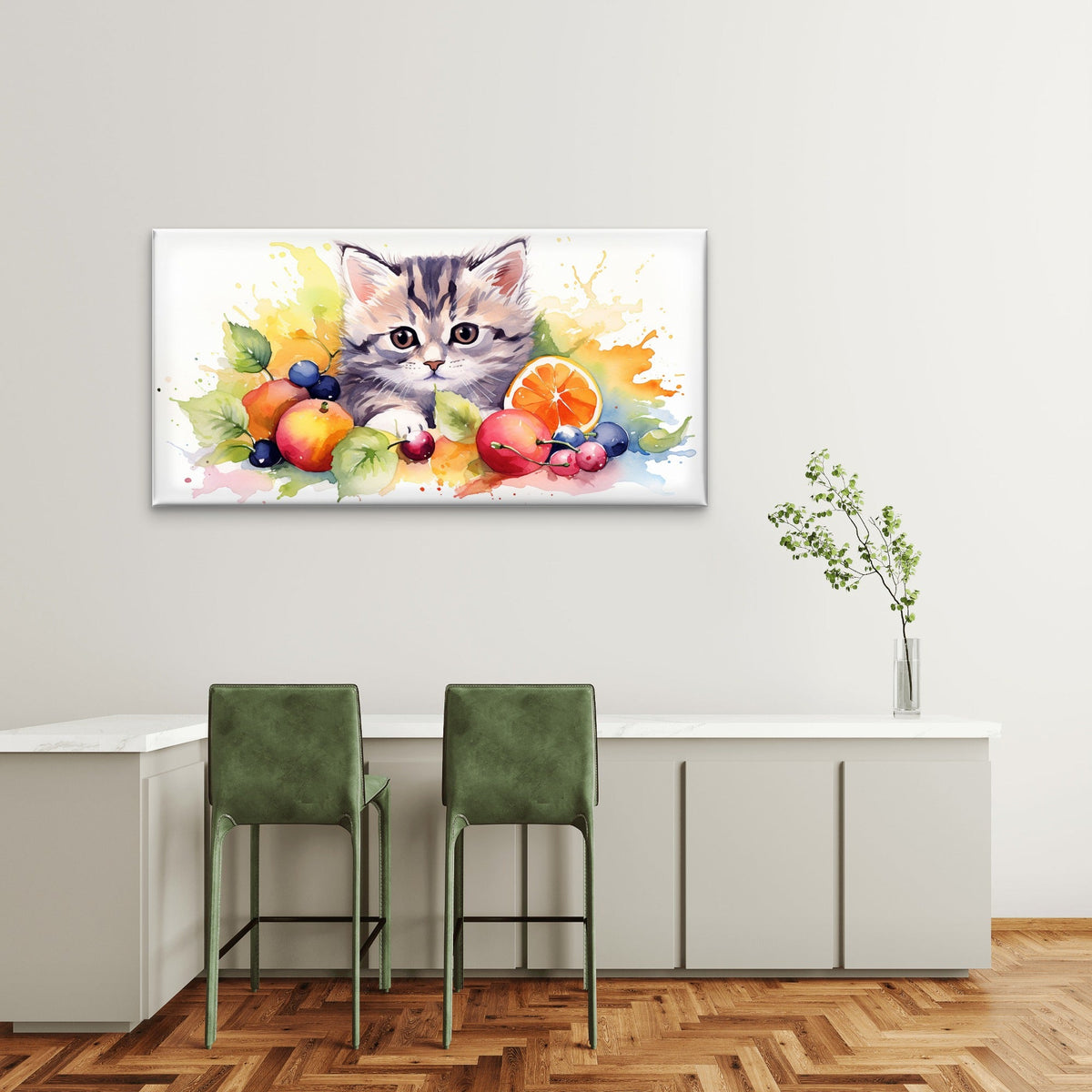 Cute Watercolor Kitten Fruit Wall Art Canvas Office Home Room Framed 120x60cm