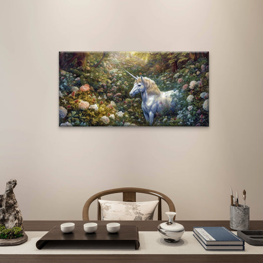 Fantasy Floral Forest White Unicorn Hydrangea Garden Wall Art Canvas Office Home Framed 80x45cm