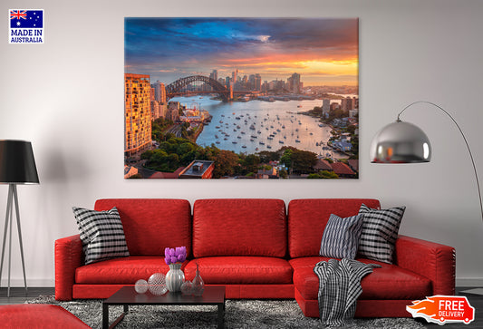 Cityscape View of Sydney Sunset Skyline Print 100% Australian Made Stretched Canvas Ready to Hang - AU-135