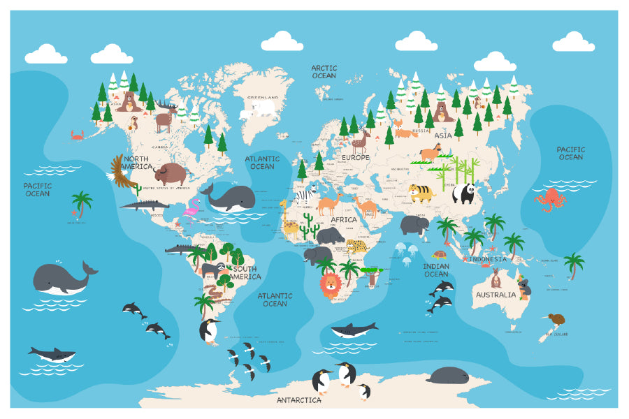 World Map With Cartoon Animals Print 100% Australian Made Stretched Canvas Ready to Hang - NK-135