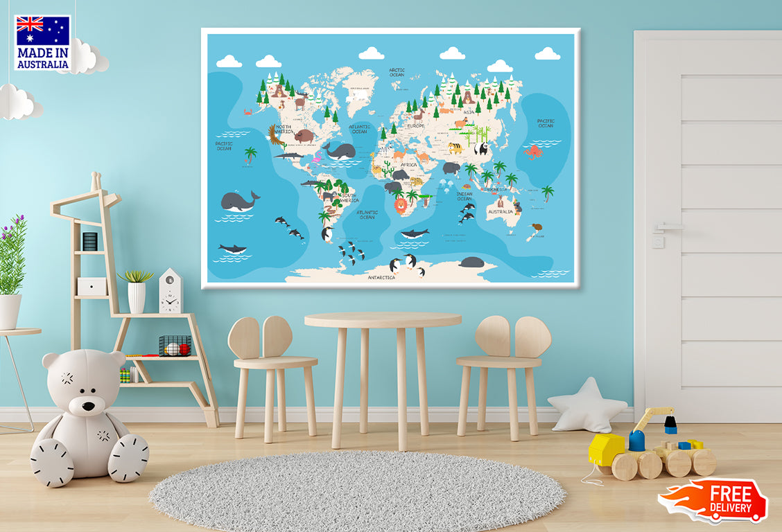 World Map With Cartoon Animals Print 100% Australian Made Stretched Canvas Ready to Hang - NK-135