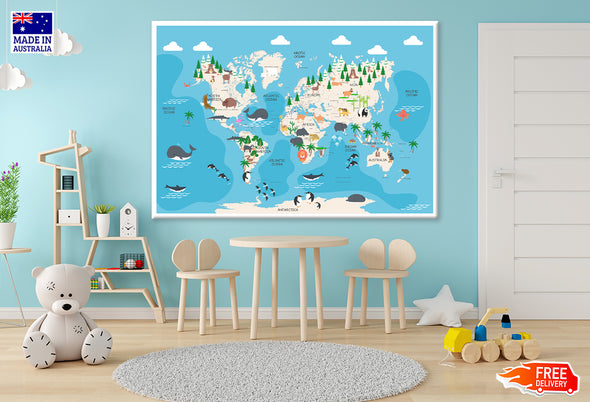 World Map With Cartoon Animals Print 100% Australian Made Stretched Canvas Ready to Hang - NK-135