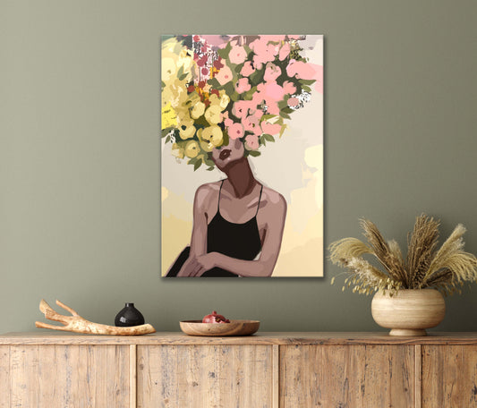 Painting Of A Flower Over A Woman's Head Print 100% Australian Made 40x60cm Stretched Canvas Ready to Hang