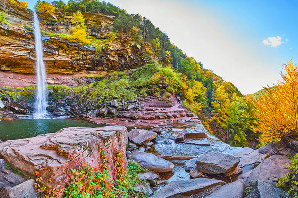 Waterfall over Cliffs & Fall Foliage Print 100% Australian Made Stretched Canvas Ready to Hang - NT-135