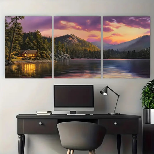 3pcs Purple Golden Sunset Mountain Metal Print Ready to Hang Art