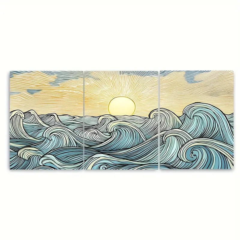 3pcs Japanese Ocean Wave Sunrise Blue Metal Print Ready to Hang Art