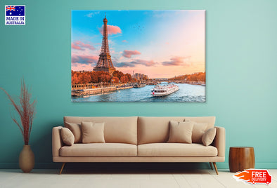 Eiffel Tower & Ferry Sailing on River View Print 100% Australian Made Stretched Canvas Ready to Hang - CT-136