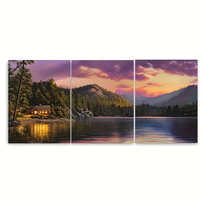 3pcs Purple Golden Sunset Mountain Metal Print Ready to Hang Art