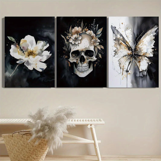 3pcs Watercolor dark, Botanical flowers, skulls, butterflies Metal Print Ready to Hang Art