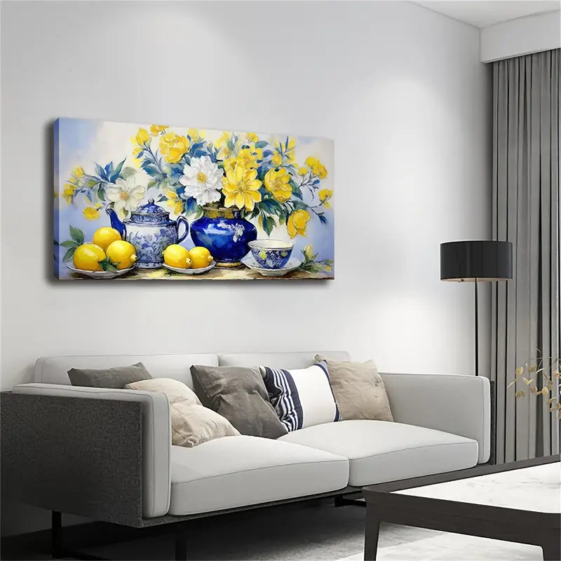 Elegant Blue Porcelain Vase Wall Art Canvas Office Home Room Framed 120x60cm