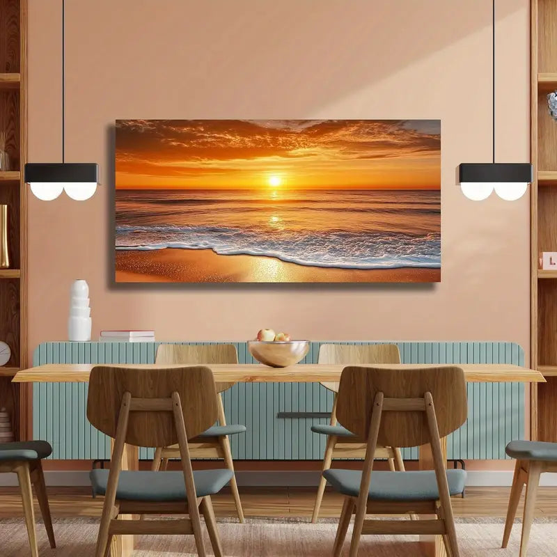 Beach Sunset Vibrant Coastal Wall Art canvas office home room framed 120x60cm