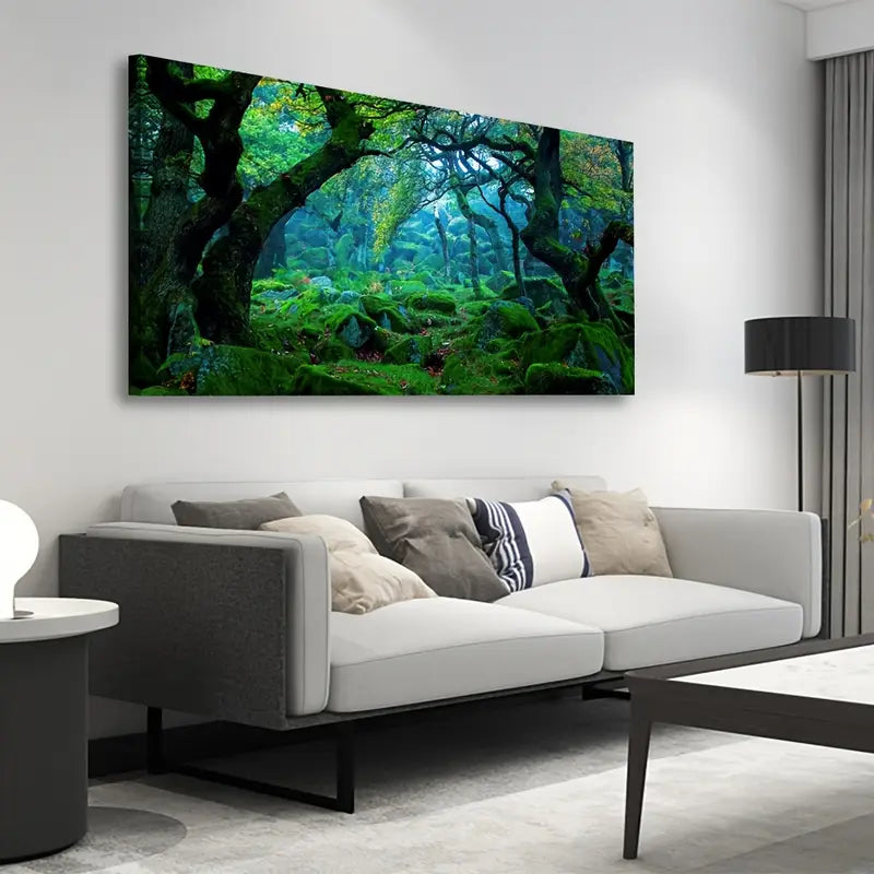 Green Forest Nature Scene Mossy Rocks & Lush Trees Wall Art canvas office home room framed 120x60cm