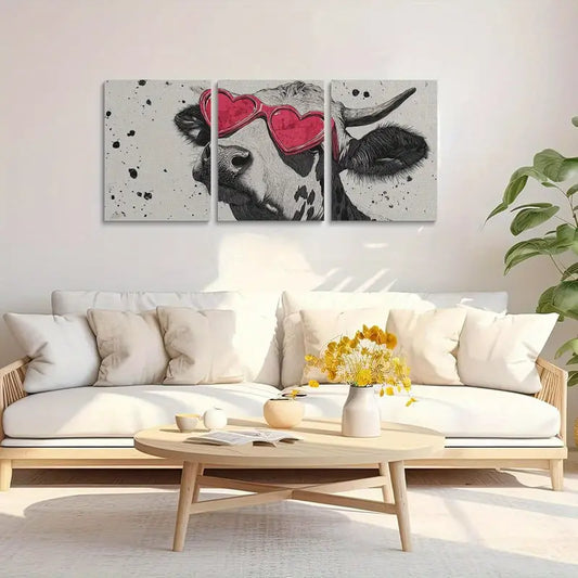 3pcs Cute Cow with Heart-Shaped Glasses Metal Print Ready to Hang Art