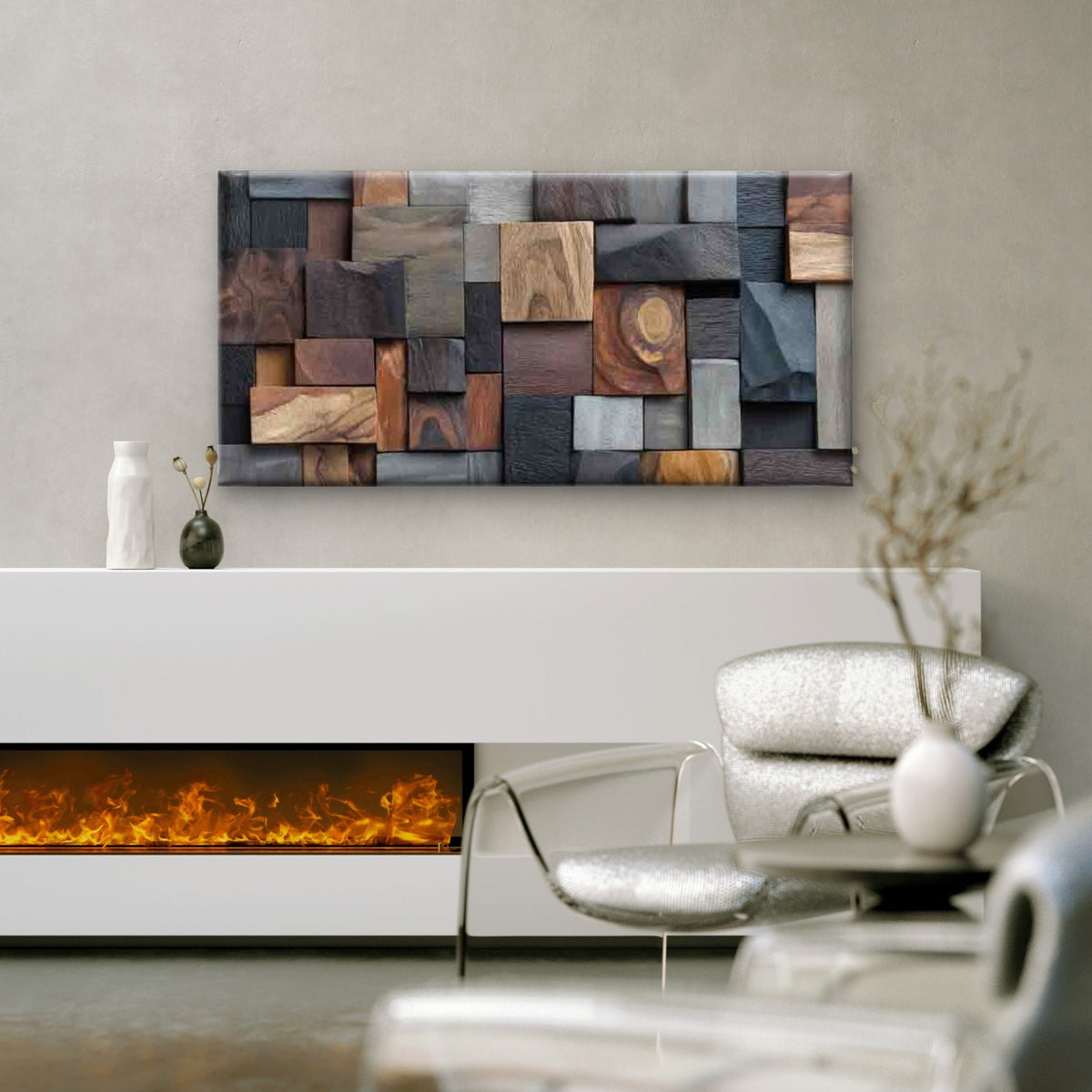 Abstract Wooden Block Mosaic Wall Art Canvas Office Home Room Framed 120x60cm