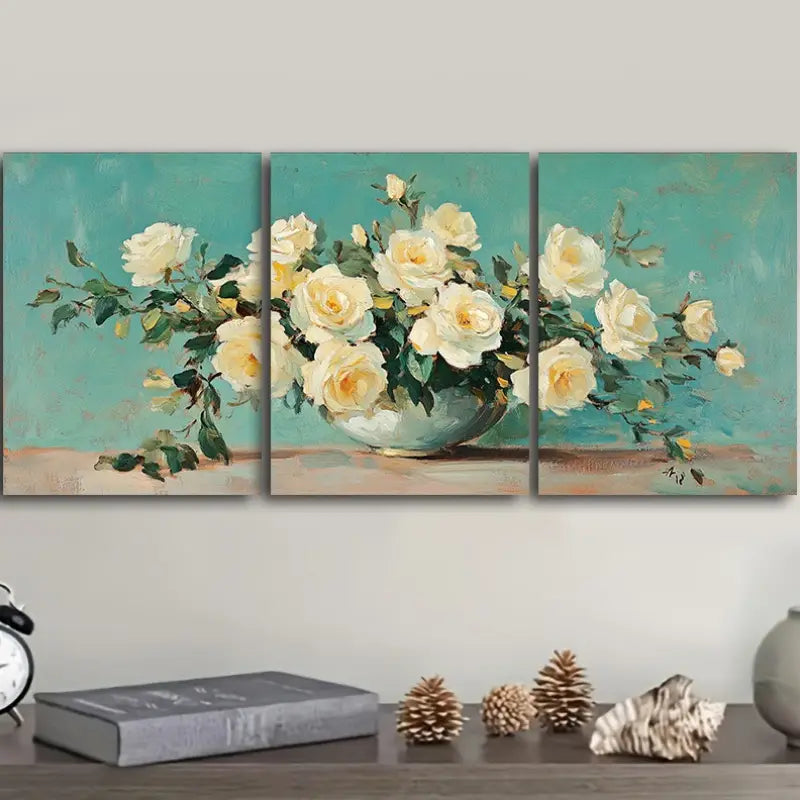 3pcs White Roses in Vase Painting Metal Print Ready to Hang Art
