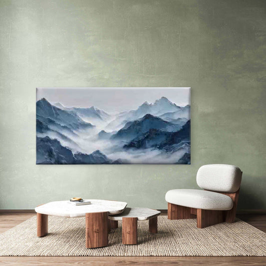 Misty Blue Mountain Landscape Wall Art Canvas Office Home Room Framed 80x45cm