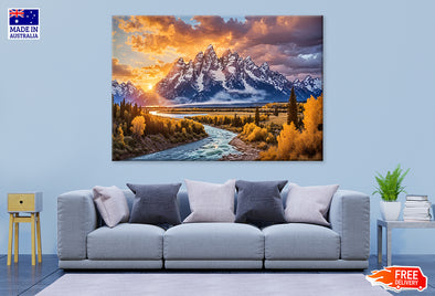 Grand Teton Mountains at Sunset Scenery Print 100% Australian Made Stretched Canvas Ready to Hang - NT-136