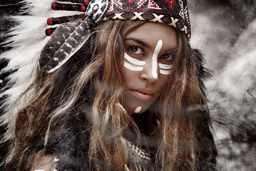 Warrior Girl with Headdress Closeup Print 100% Australian Made Stretched Canvas Ready to Hang - BO-136