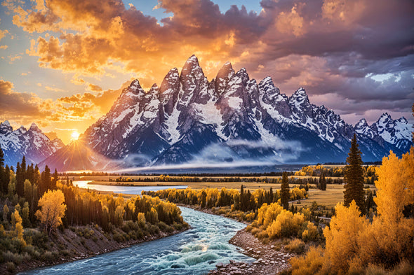 Grand Teton Mountains at Sunset Scenery Print 100% Australian Made Stretched Canvas Ready to Hang - NT-136