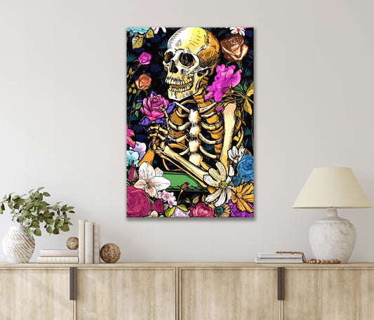 Skeletons Clutching A Rose Surrounded By Flora Print 100% Australian Made 40x60cm Stretched Canvas Ready to Hang