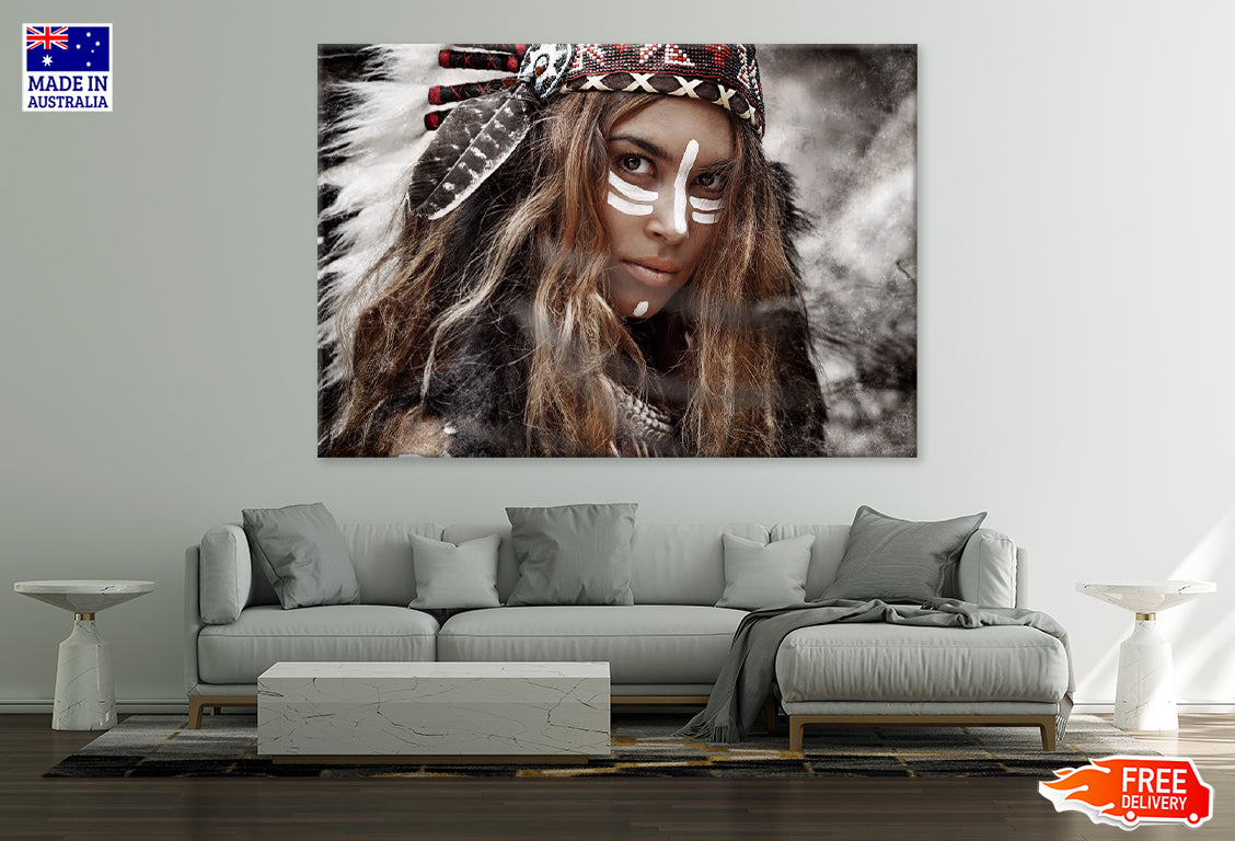 Warrior Girl with Headdress Closeup Print 100% Australian Made Stretched Canvas Ready to Hang - BO-136