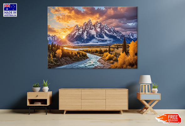 Grand Teton Mountains at Sunset Scenery Print 100% Australian Made Stretched Canvas Ready to Hang - NT-136