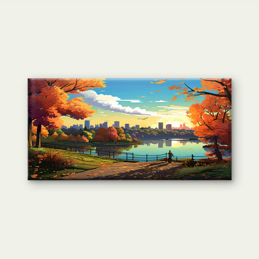 Autumn Park Lake City Skyline Sunset Wall Art Canvas Office Home Framed 80x45cm