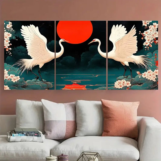 3pcs Cherry Blossom Chinese Crane Metal Print Ready to Hang Art