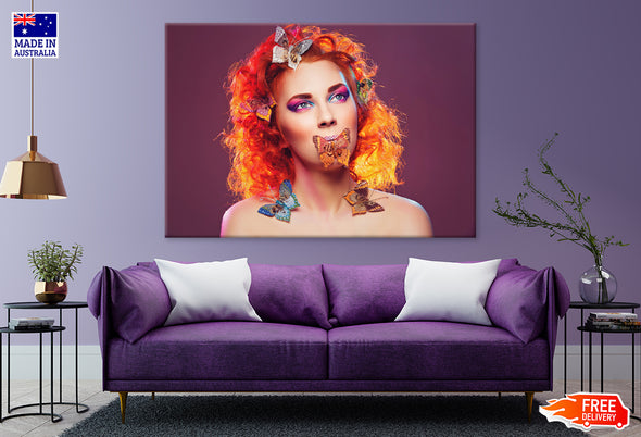 Red Haired Woman with Butterflies Print 100% Australian Made Stretched Canvas Ready to Hang - FS-136