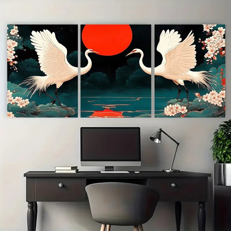 3pcs Cherry Blossom Chinese Crane Metal Print Ready to Hang Art
