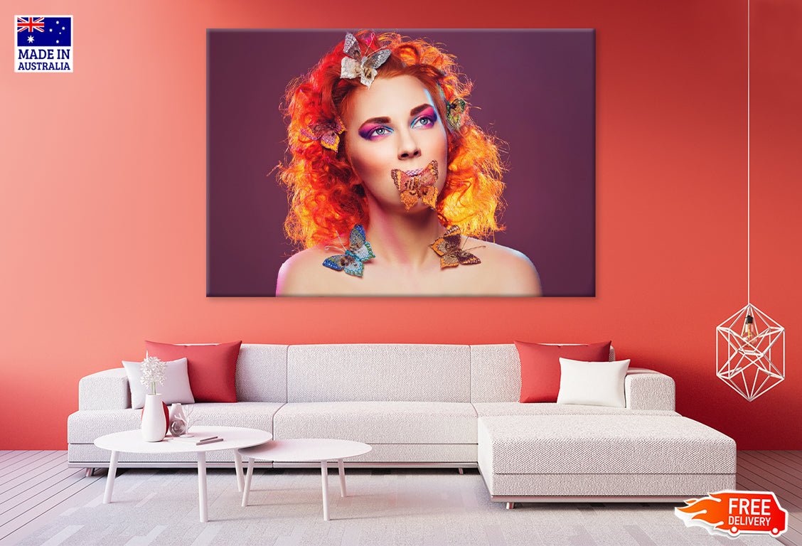 Red Haired Woman with Butterflies Print 100% Australian Made Stretched Canvas Ready to Hang - FS-136