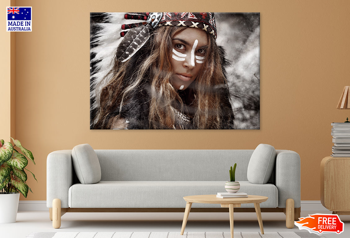 Warrior Girl with Headdress Closeup Print 100% Australian Made Stretched Canvas Ready to Hang - BO-136