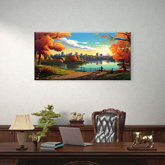 Autumn Park Lake City Skyline Sunset Wall Art Canvas Office Home Framed 80x45cm