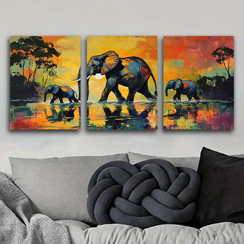 3pcs The Elephant is Walking Metal Print Ready to Hang Art