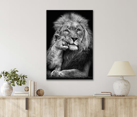 Black And White Of A Lion With It's Cub Print 100% Australian Made 40x60cm Stretched Canvas Ready to Hang