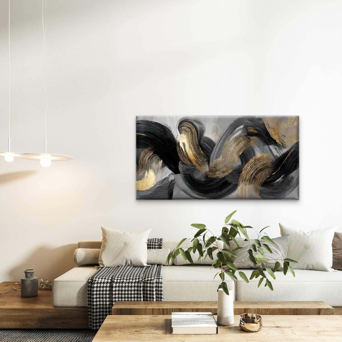 Black, Gray, Golden Swirls Wall Art Canvas Office Home Room Framed 120x60cm