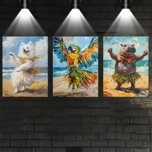3pcs Impressionistic Dancing Seaside Animals Painting Metal Print Ready to Hang Art
