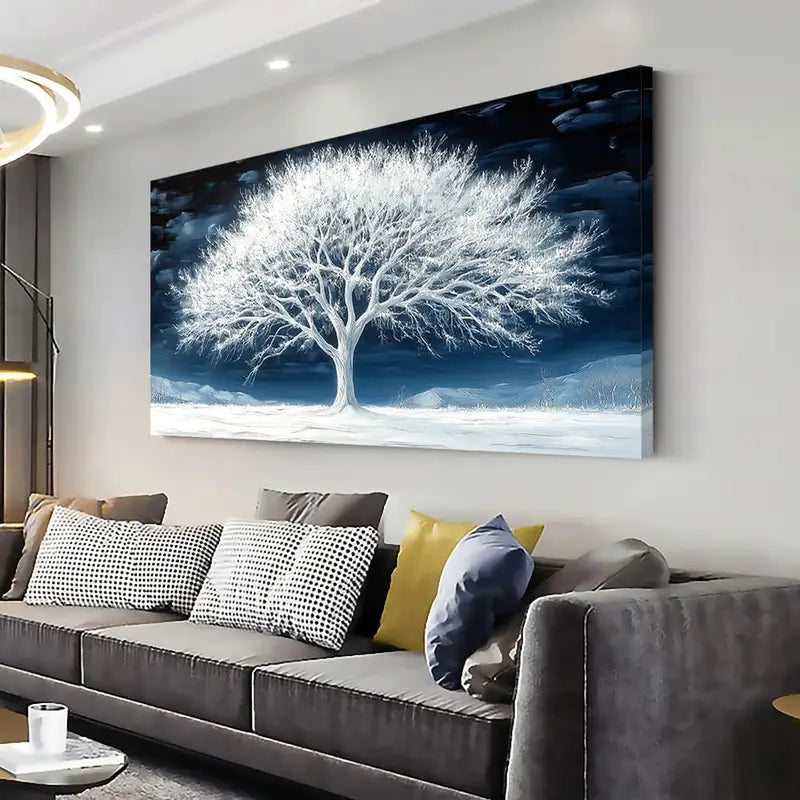 Navy Blue & Snow White Winter Scene Wall Art canvas office home room framed 120x60cm