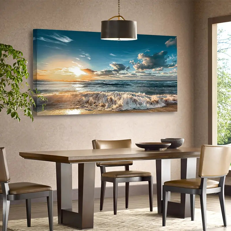 Sunset Beach Blue Ocean Nature Wall Art canvas office home room framed 120x60cm