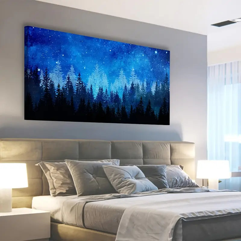 Abstract Blue Forest Night Starry Sky Wall Art canvas office home room framed 120x60cm