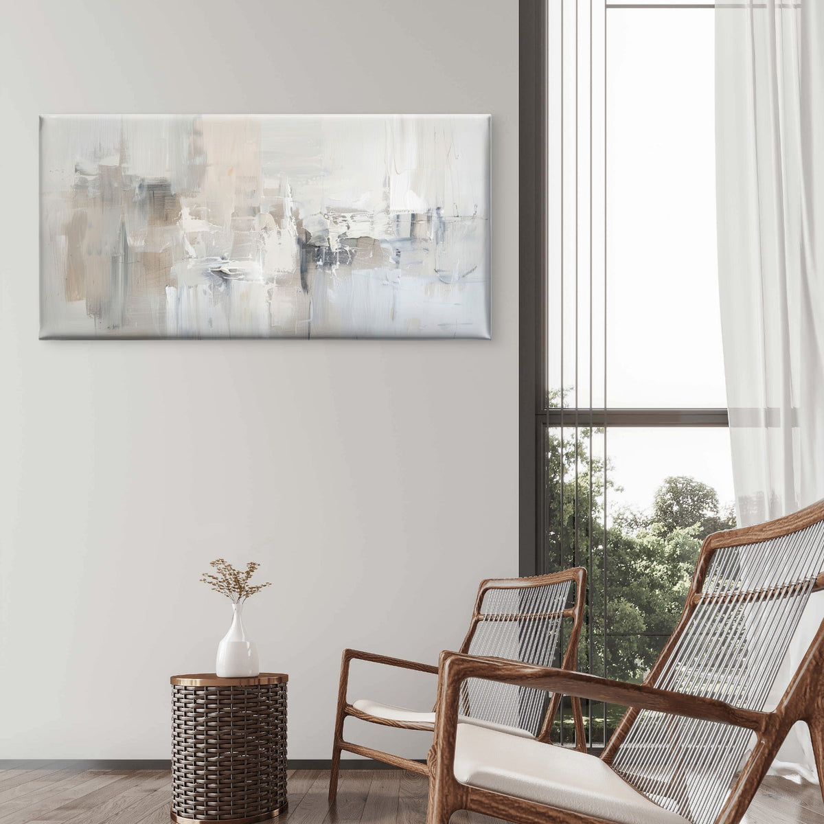 Modern Neutral Beige Gray Abstract Wall Art Canvas Office Home Framed 80x45cm