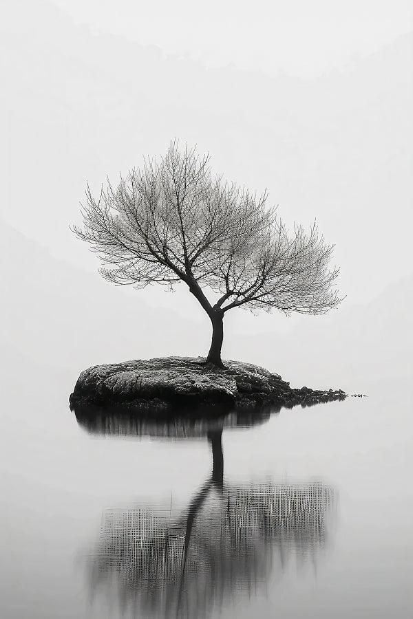 Gloomy Lone Tree on An Island Lake Print 100% Australian Made 40x60cm Stretched Canvas Ready to Hang