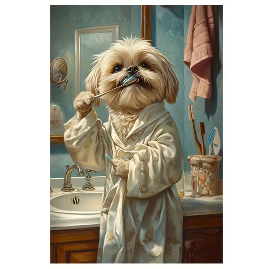 Dog Brushing Teeth Canvas Art Print 100% Australian Made 40x60cm Stretched Canvas Ready to Hang