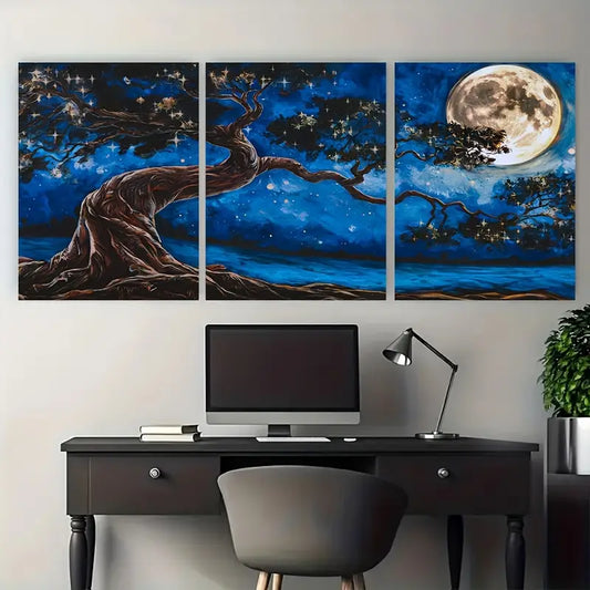 3pcs Tree Full Moon Starry Blue Night Metal Print Ready to Hang Art